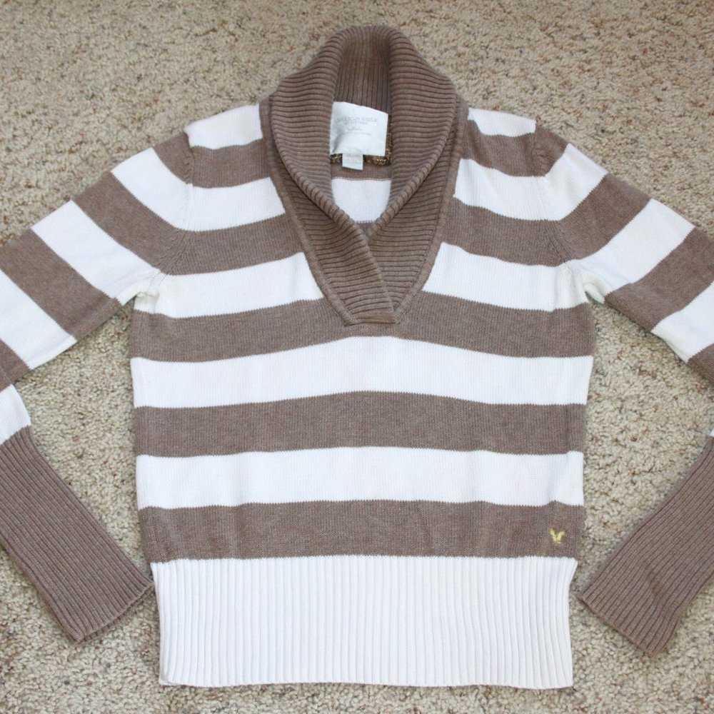 AMERICAN EAGLE COTTON KNIT PULLOVER SWEATER CREAM/TAN STRIPES SZ MED WOMENS/JRS